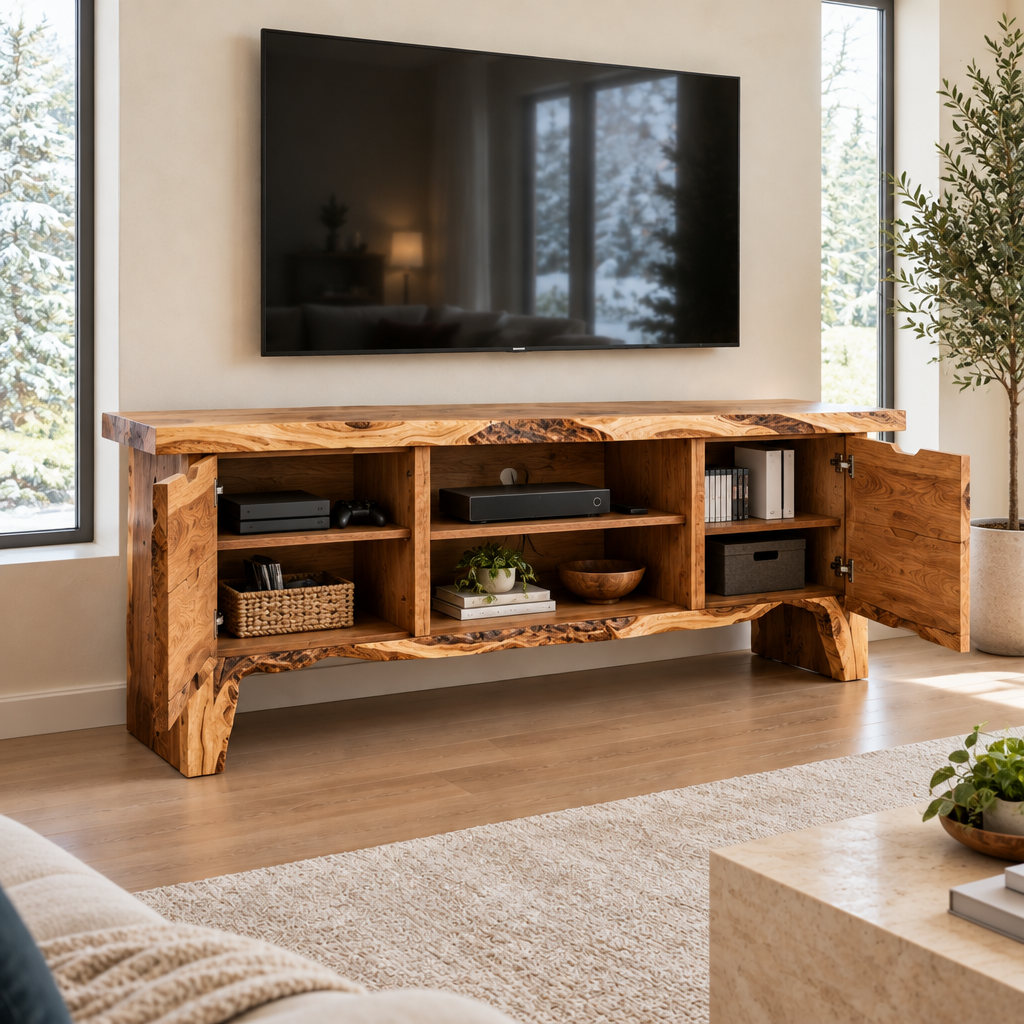 Riverbend Live-Edge TV Console in use