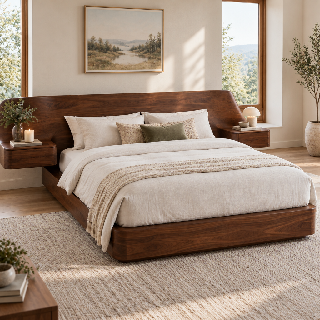 Atelier Sculpted Bed with Floating Nightstands side view