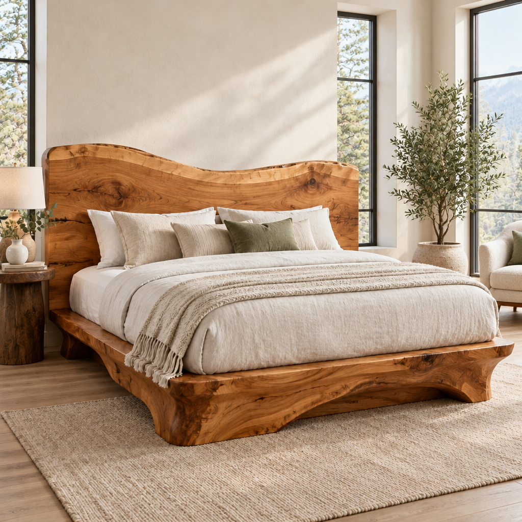 Riverbend Live-Edge Headboard Bed in a living space