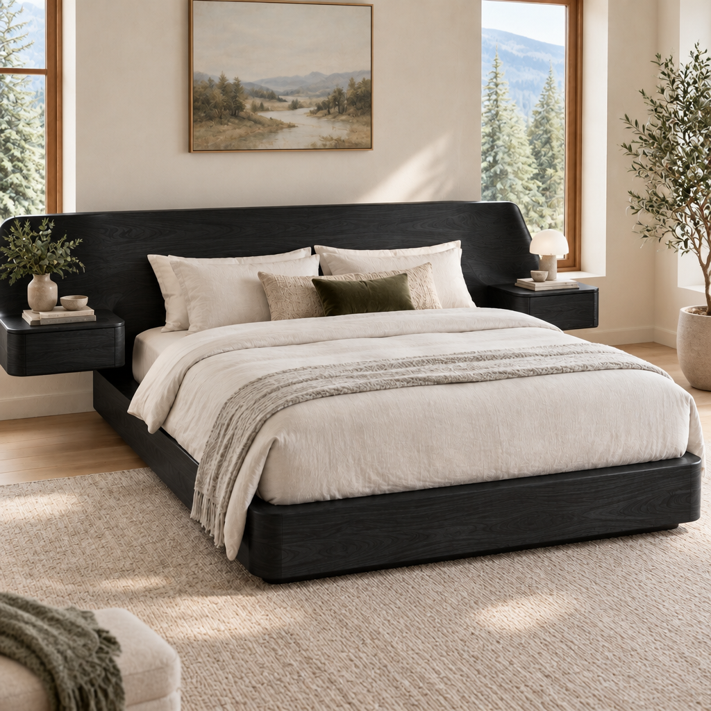 Atelier Sculpted Bed with Floating Nightstands in Ebonized Black finish