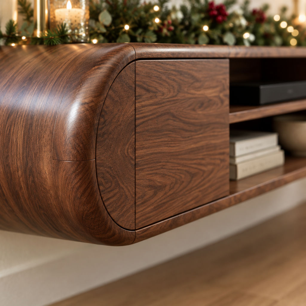 Atelier Rounded Floating TV Console wood grain close-up