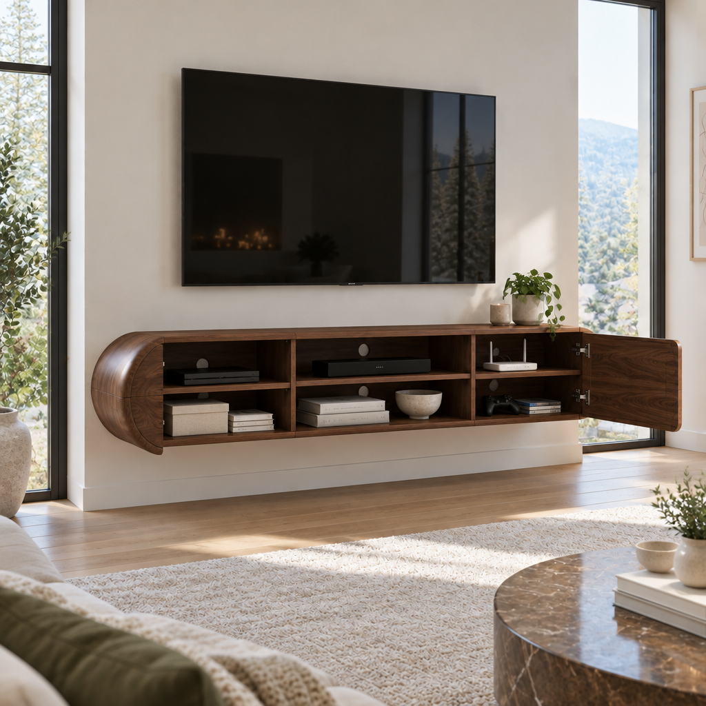 Atelier Rounded Floating TV Console in use