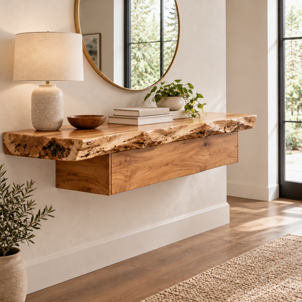 Riverbend Live-Edge Floating Console in use