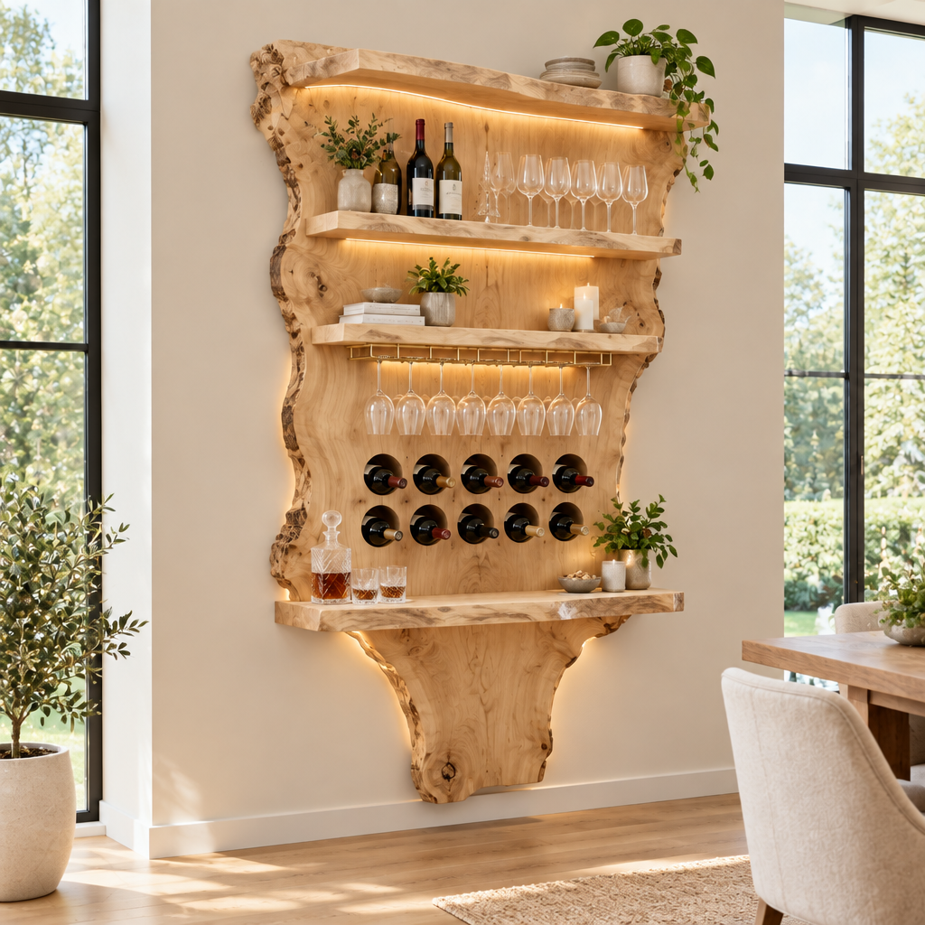 Riverbend Live-Edge Wine Bar Wall in Light Natural finish