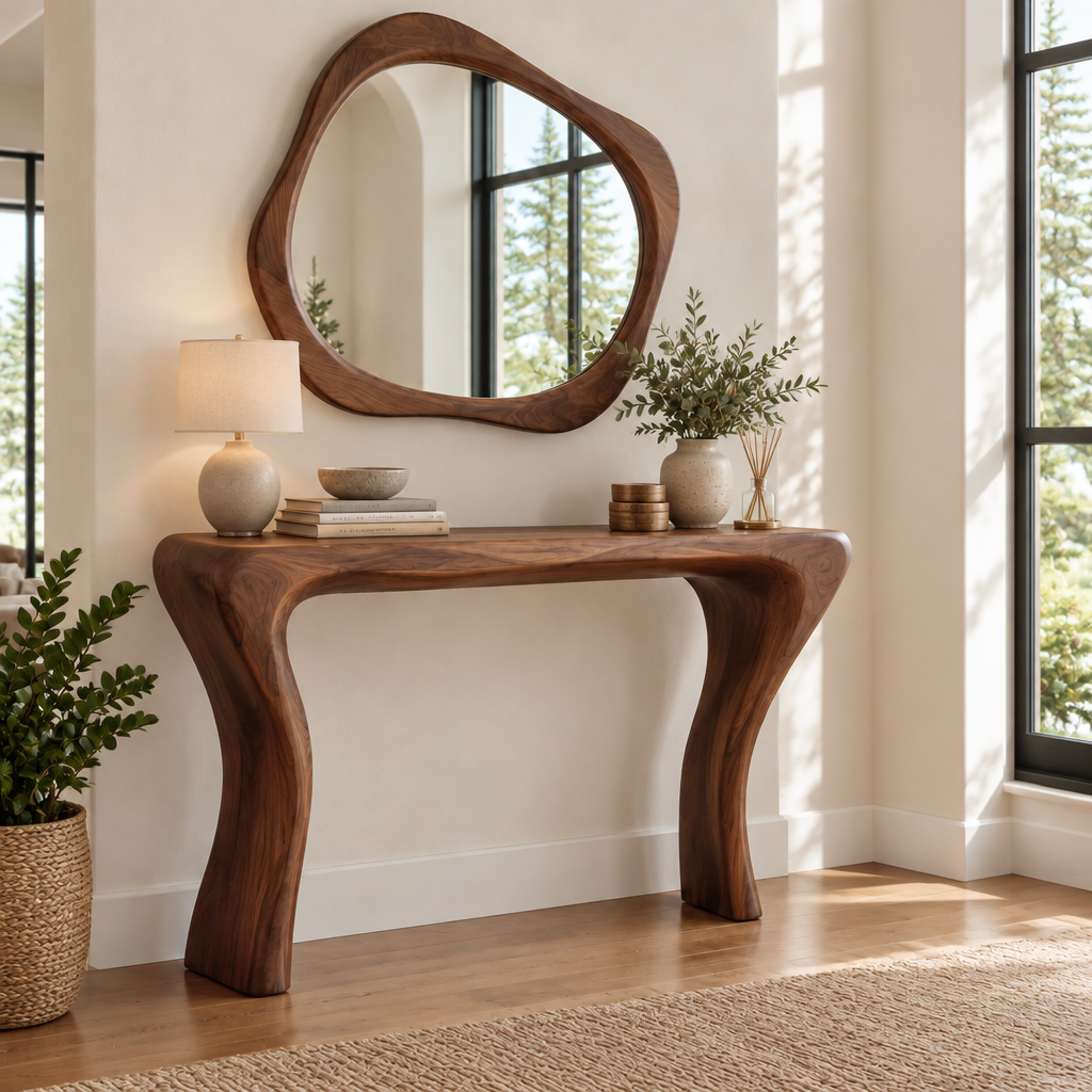 Atelier Console and Organic Mirror Set in a living space