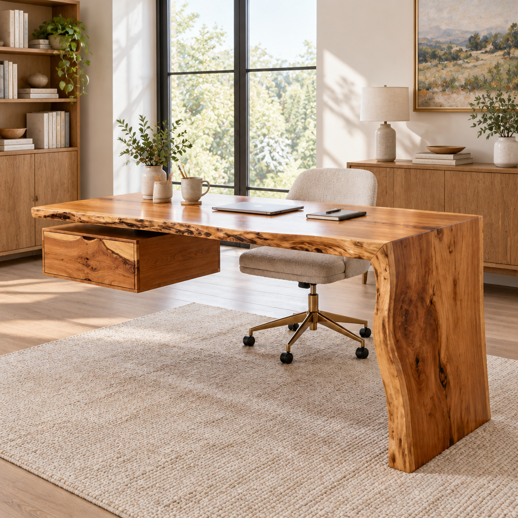 Riverbend Waterfall Live-Edge Desk in a living space