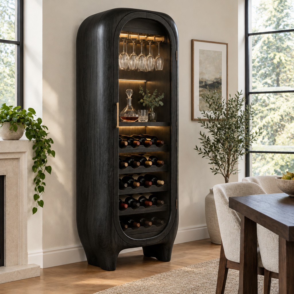 Atelier Sculpted Wine Cabinet in Ebonized Black finish