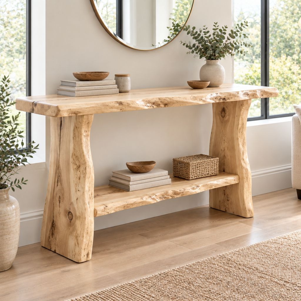 Riverbend Live-Edge Console with Lower Shelf in Light Natural finish