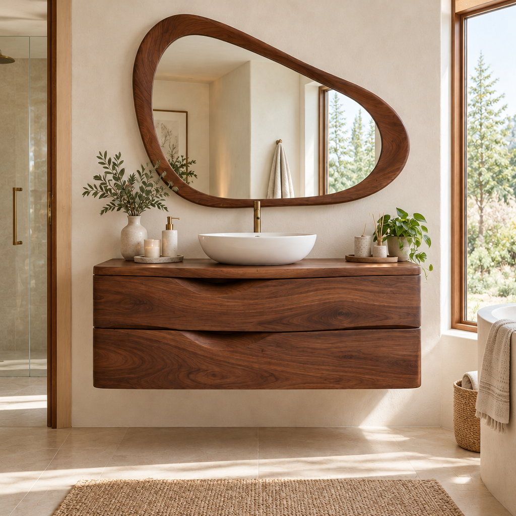Atelier Floating Vanity and Mirror Set in a living space