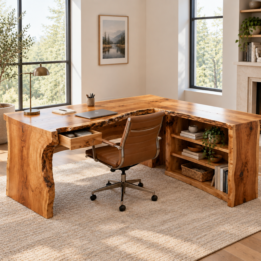 Riverbend Live-Edge L-Desk with Shelves in use