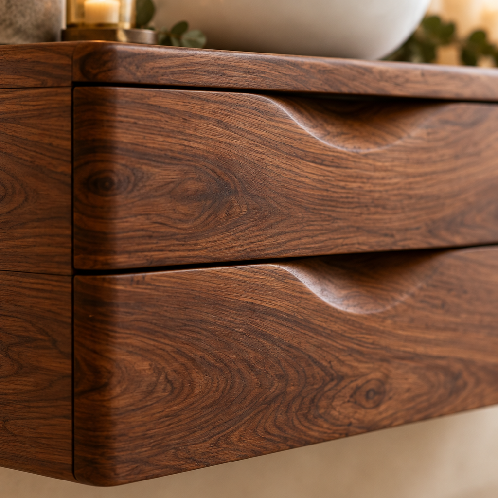 Atelier Floating Vanity and Mirror Set wood grain close-up