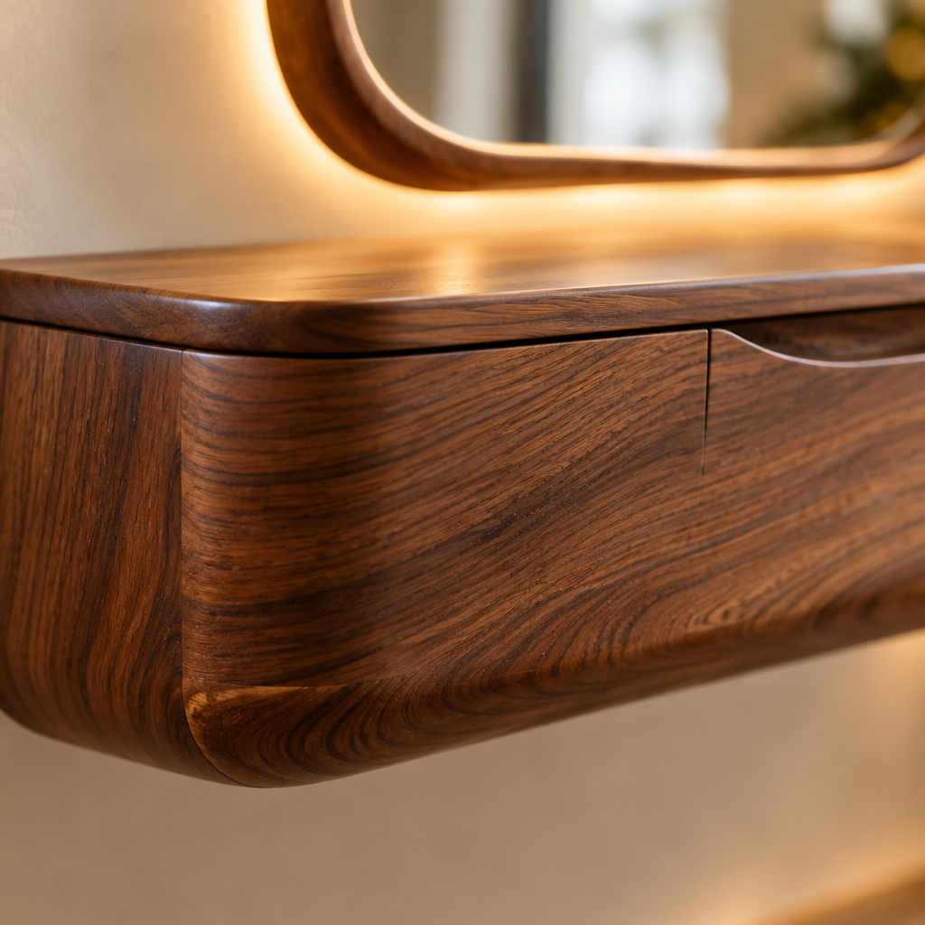 Atelier Floating Makeup Vanity with LED Mirror wood grain close-up