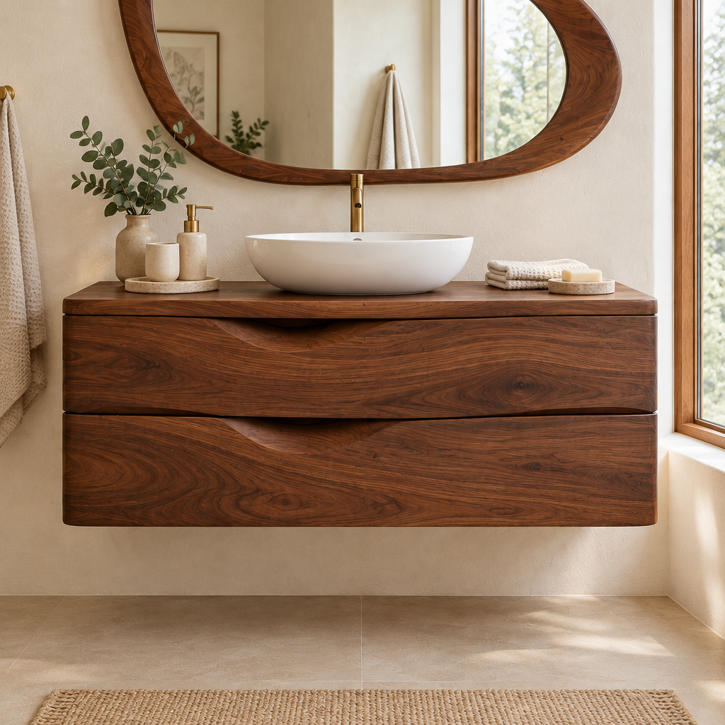 Atelier Floating Vanity and Mirror Set in use