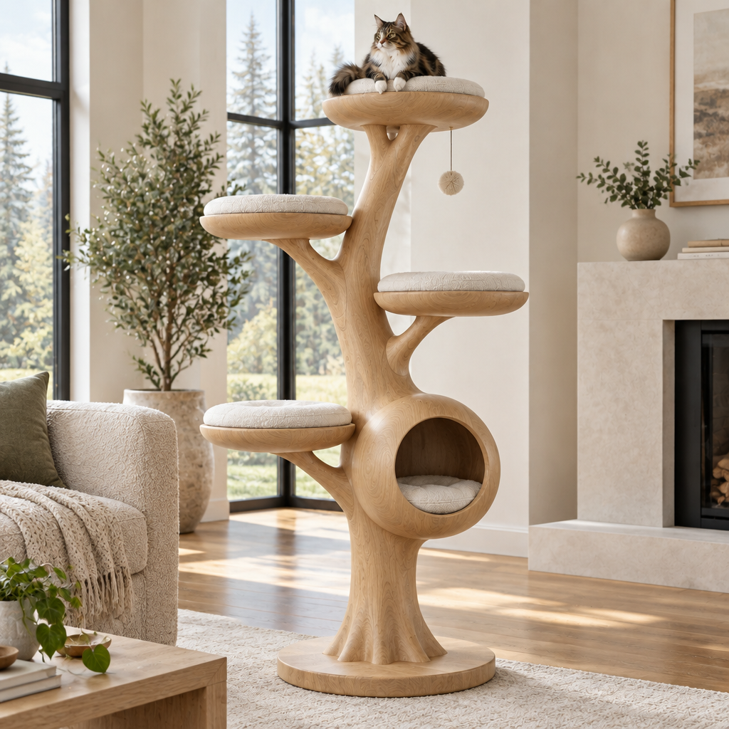 Atelier Sculpted Cat Tree Tower in Natural Oak finish