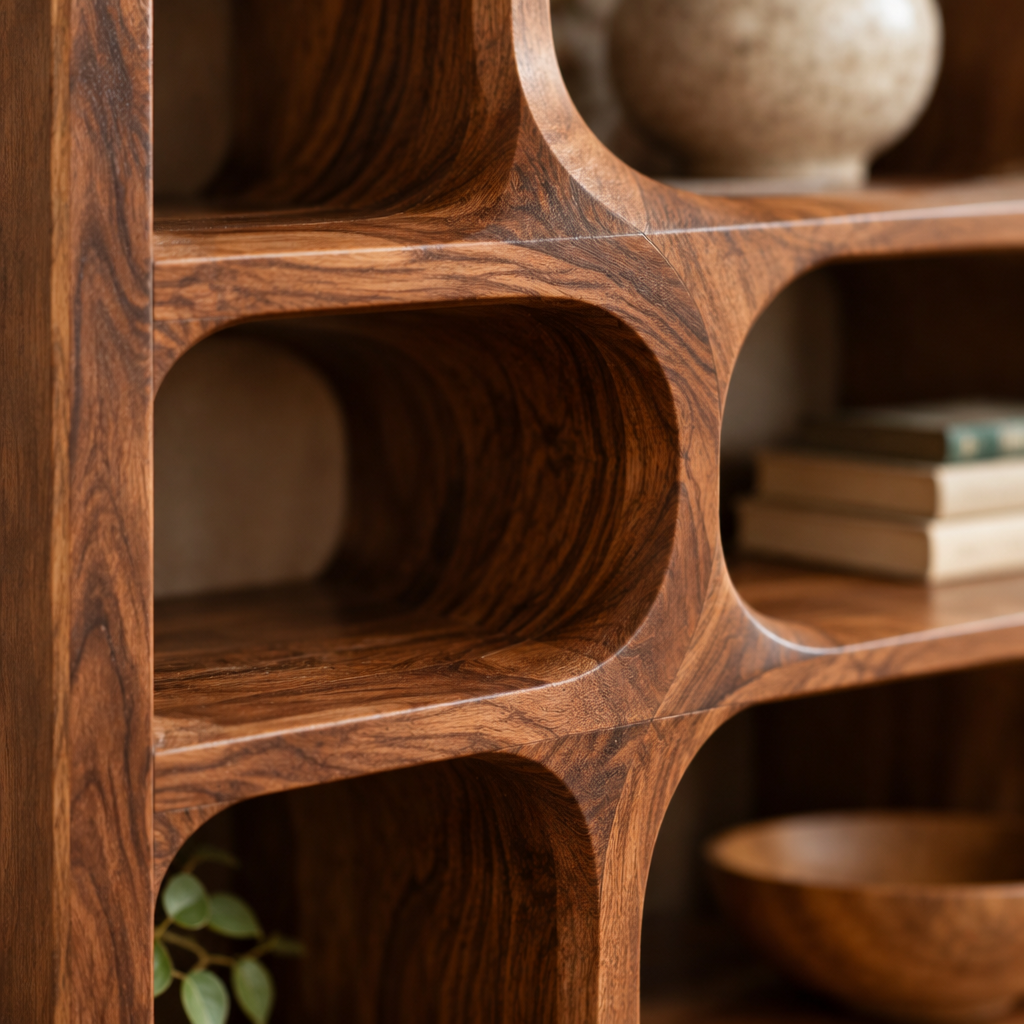 Atelier Symmetric Curve Bookshelf wood grain close-up