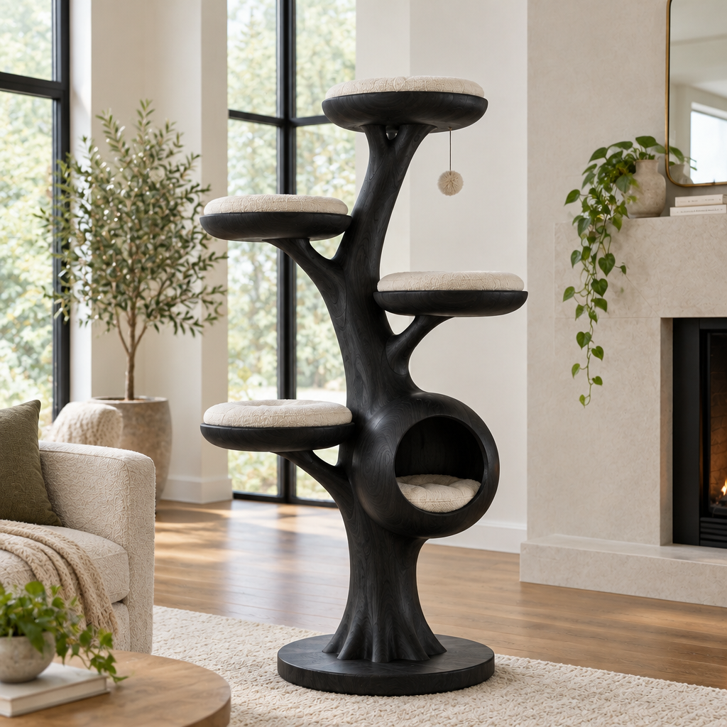 Atelier Sculpted Cat Tree Tower in Ebonized Black finish