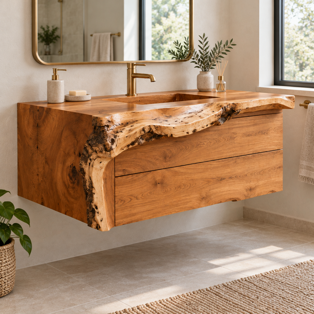 Riverbend Live-Edge Drawer Vanity in use