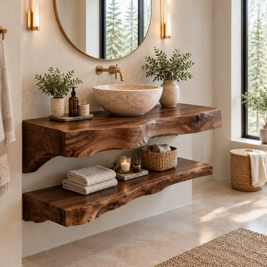 Riverbend Live-Edge Vanity with Stone Vessel in Dark Walnut Stain finish