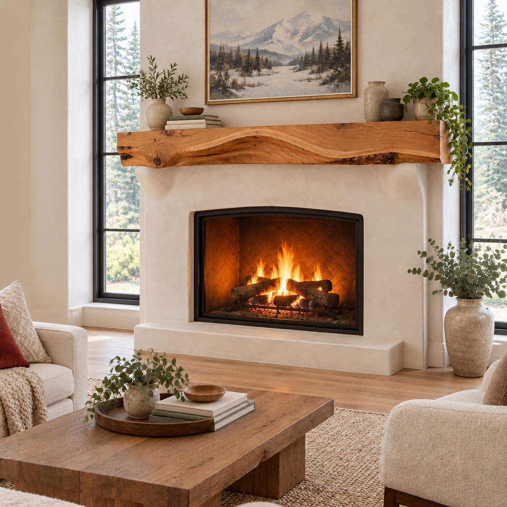 Riverbend Live-Edge Wave Mantel in a living space