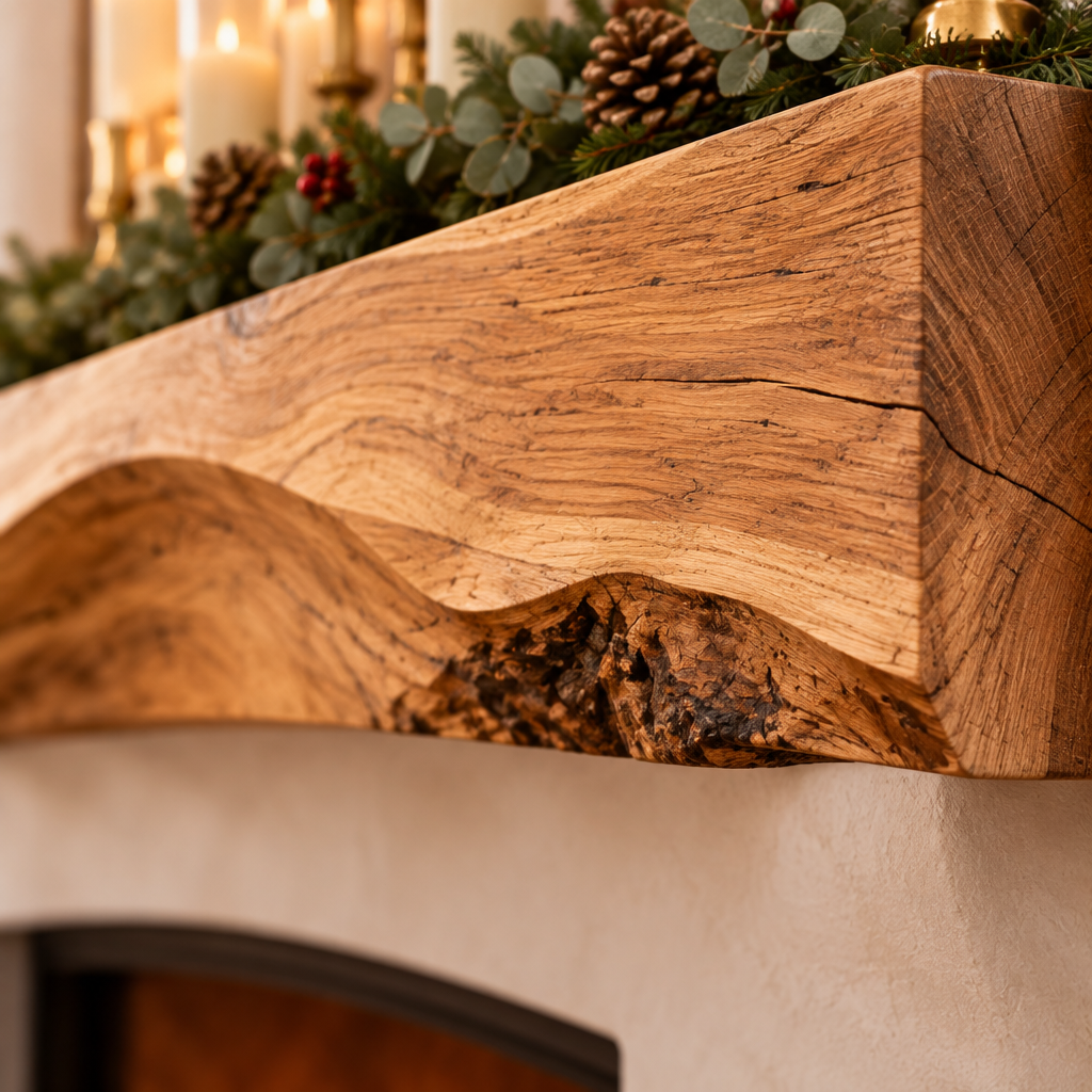 Riverbend Live-Edge Wave Mantel wood grain close-up