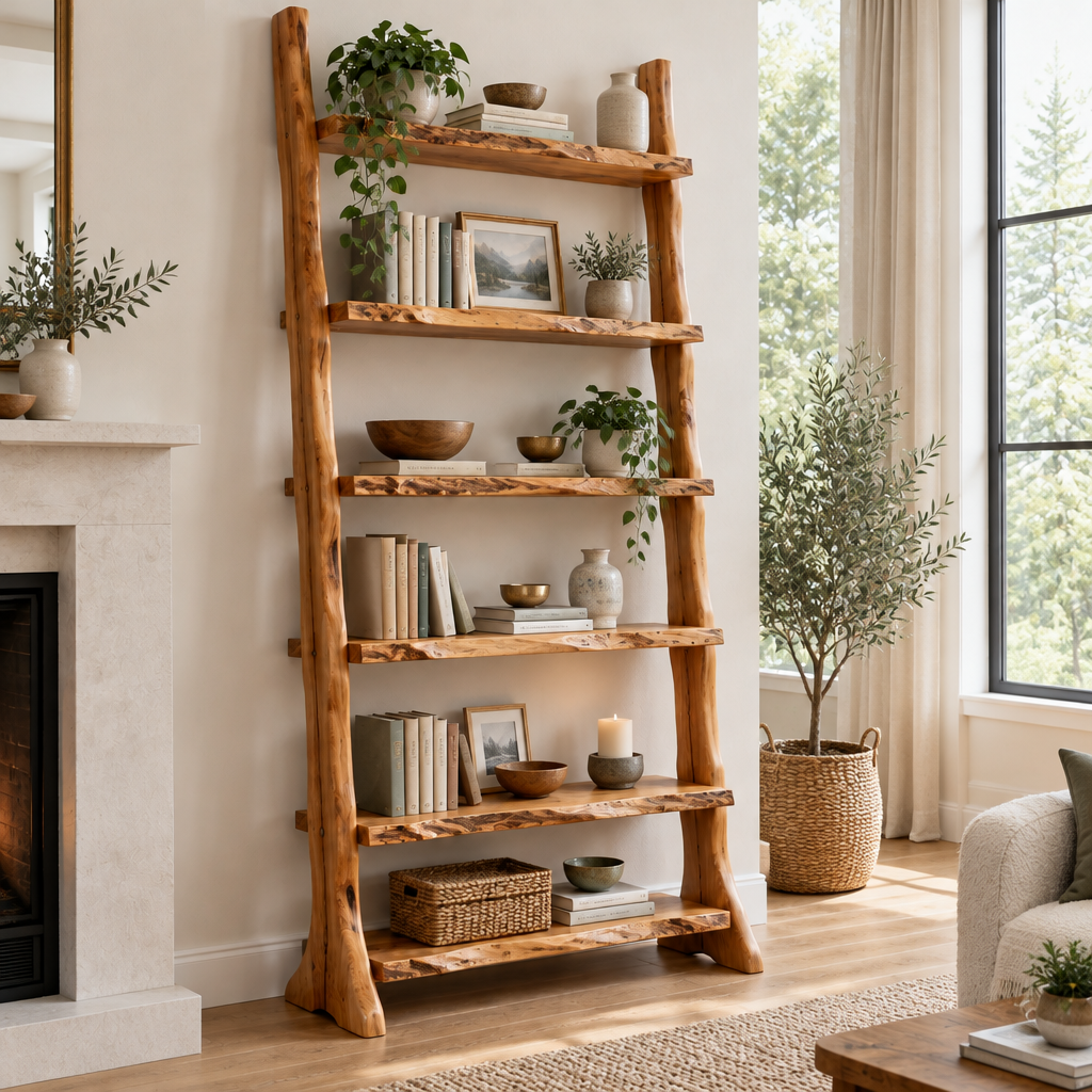 Riverbend Live-Edge Ladder Bookshelf in a living space