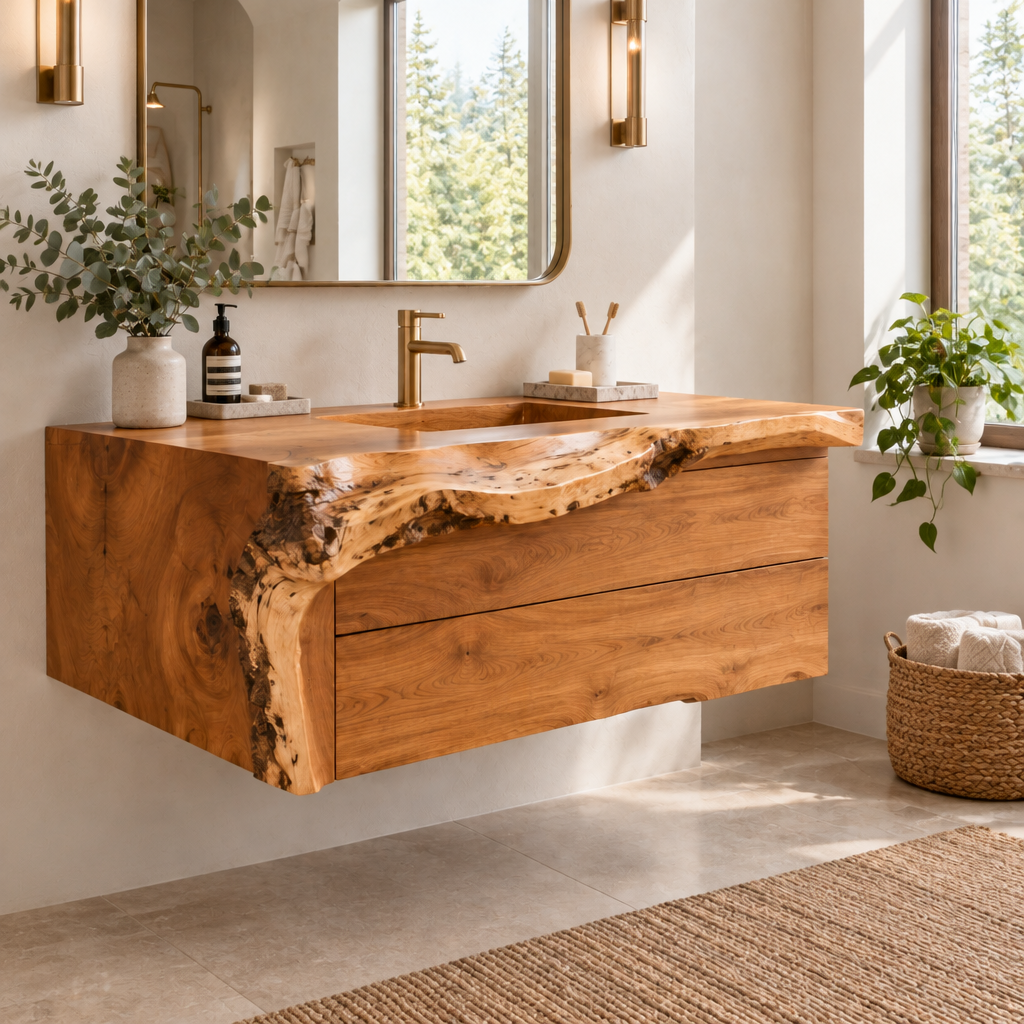 Riverbend Live-Edge Drawer Vanity in a living space