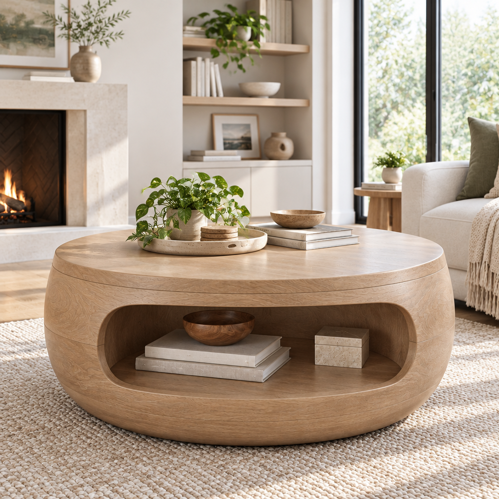 Atelier Drum Round Coffee Table with Shelf in Natural Oak finish