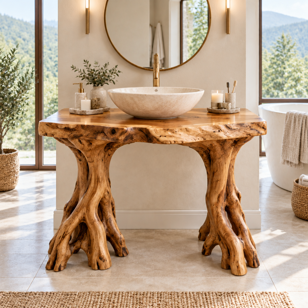 Riverbend Live-Edge Root-Leg Vanity in a living space