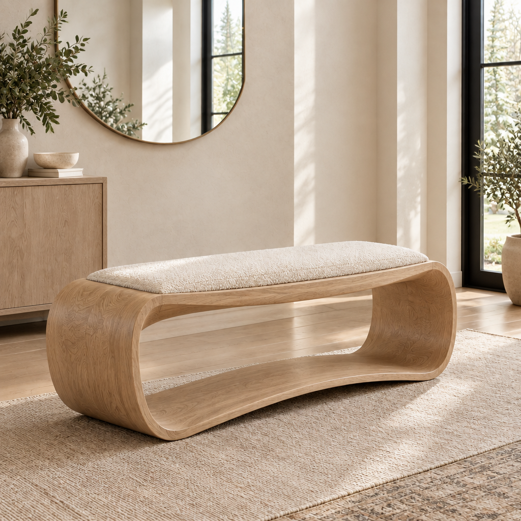 Atelier Ribbon Bench with Cushion in Natural Oak finish