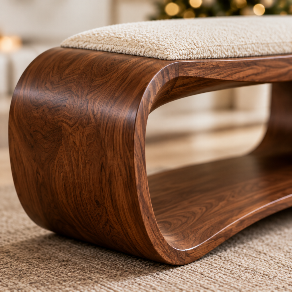 Atelier Ribbon Bench with Cushion wood grain close-up