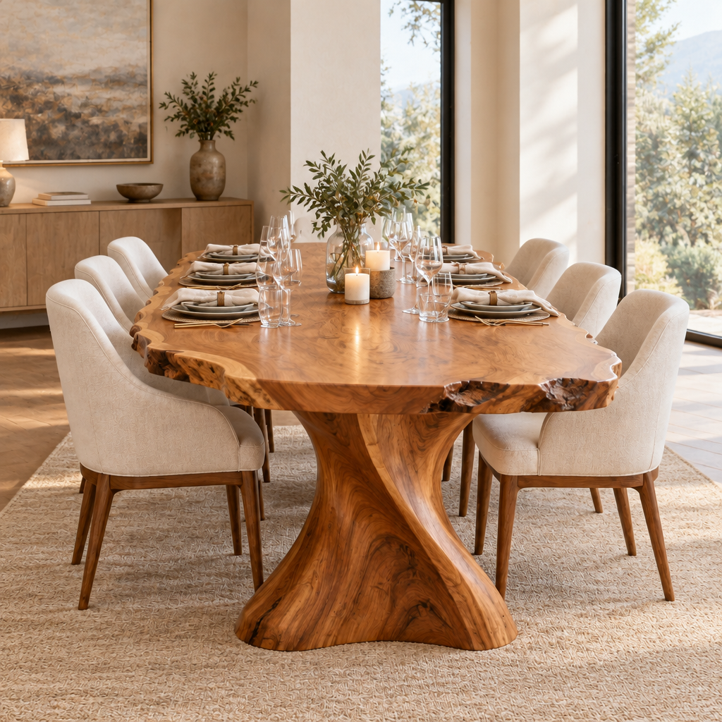 Riverbend Live-Edge Sculpted Base Dining Table in use