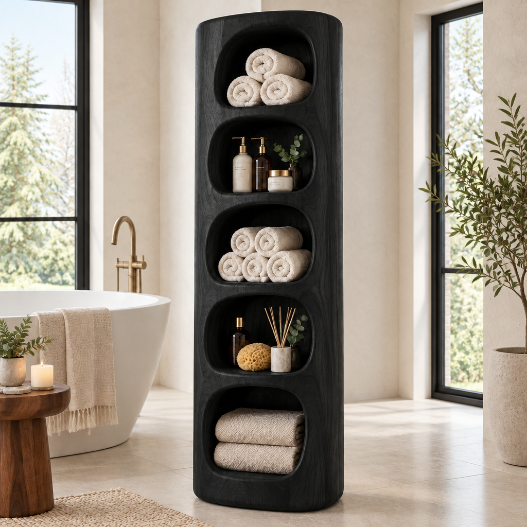 Atelier Sculpted Bath Storage Tower in Ebonized Black finish