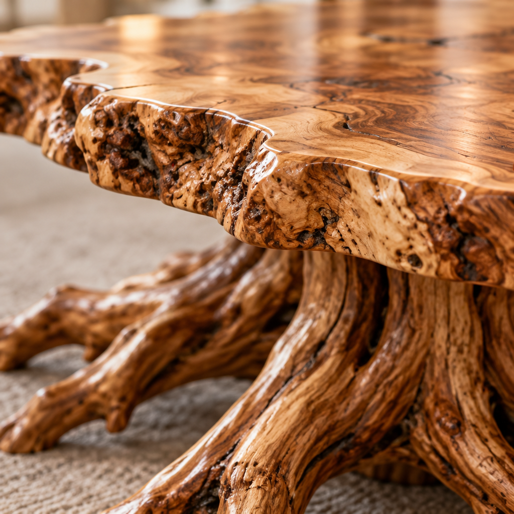 Riverbend Live-Edge Root-Base Coffee Table wood grain close-up