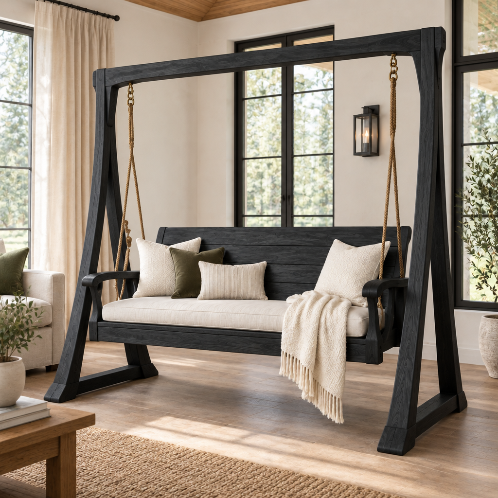 Atelier Porch Swing with Frame in Ebonized Black finish