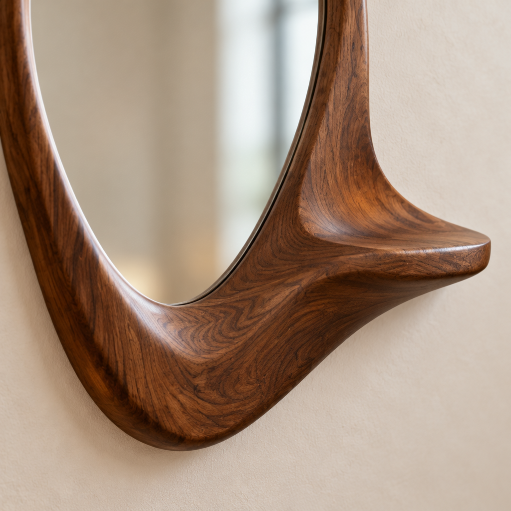 Atelier Sculpted Wave Wall Mirror wood grain close-up