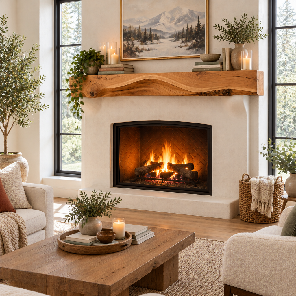 Riverbend Live-Edge Wave Mantel in use