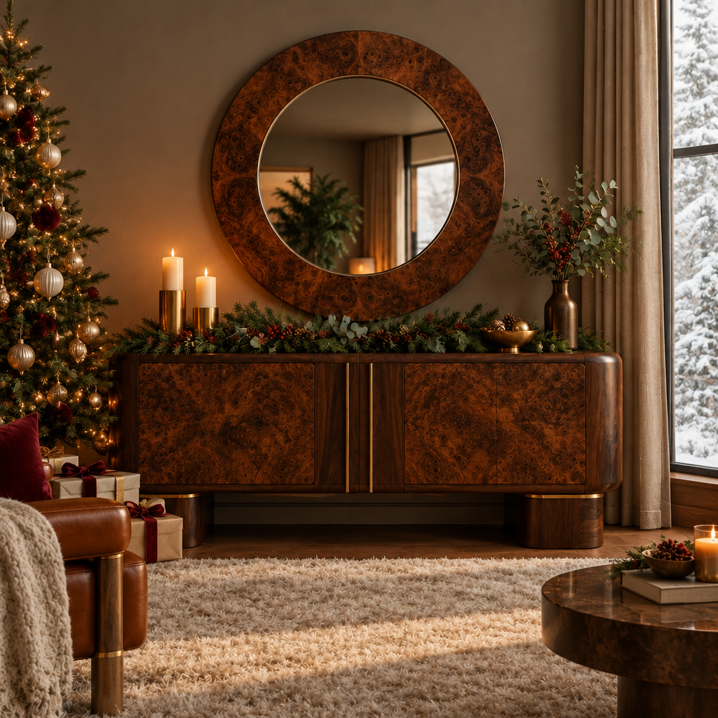 Sable Burl Framed Mirror styled for the holidays