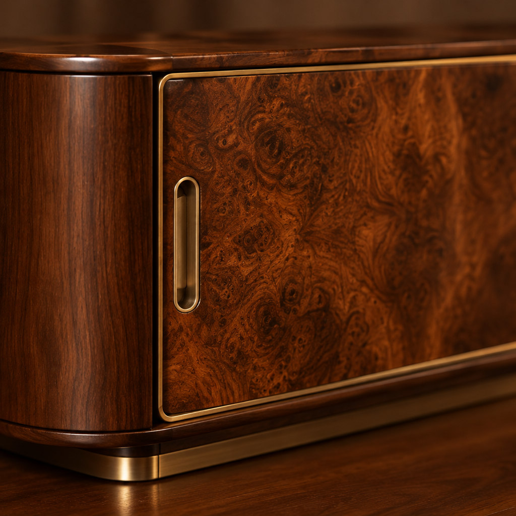 Sable Burl Media Console wood grain close-up