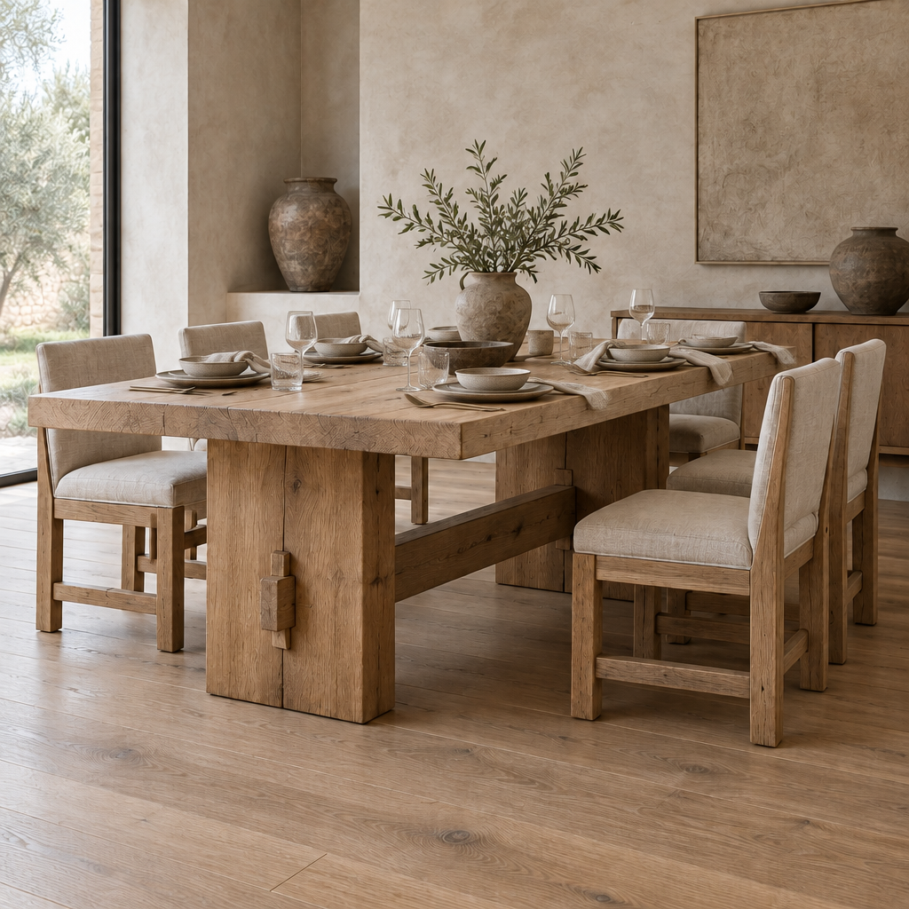 Basalt Solid Oak Trestle Dining Table in use