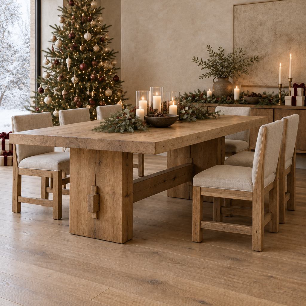 Basalt Solid Oak Trestle Dining Table styled for the holidays