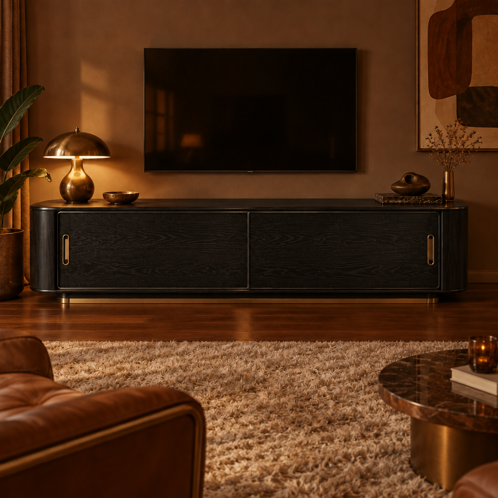 Sable Burl Media Console in Ebonized Black finish