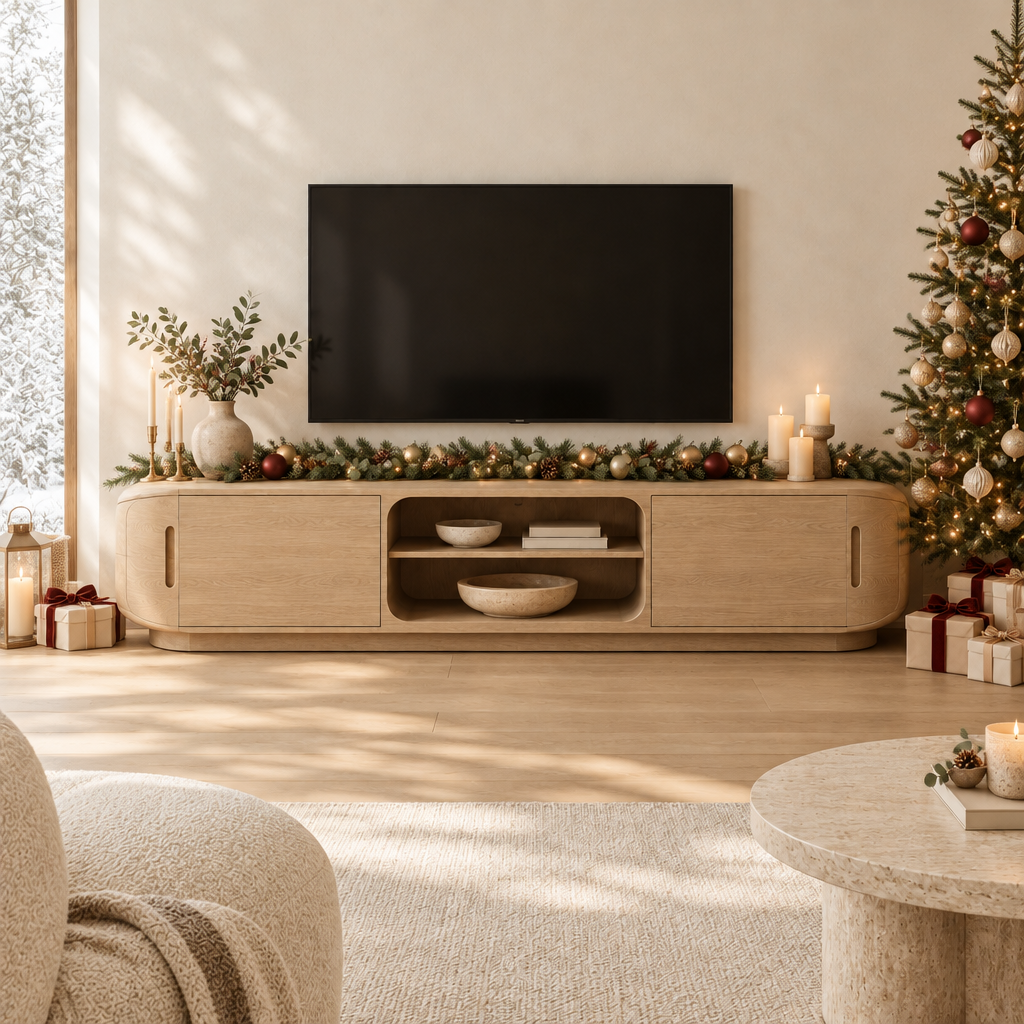 Cove Rounded Media Console styled for the holidays