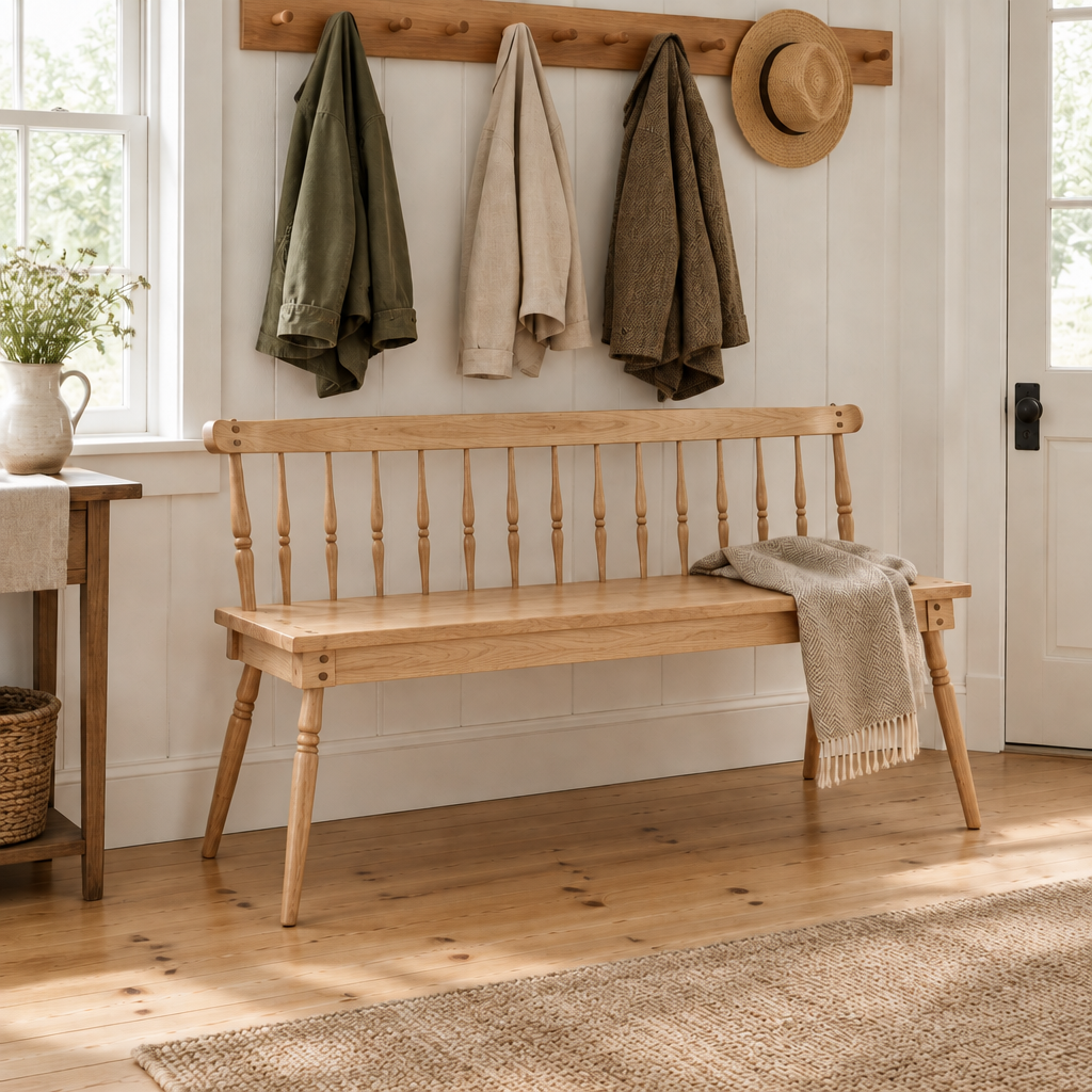 Linden Spindle Entry Bench in Natural White Oak finish