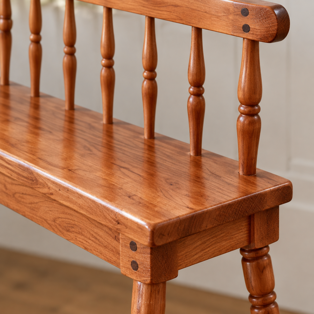 Linden Spindle Entry Bench wood grain close-up