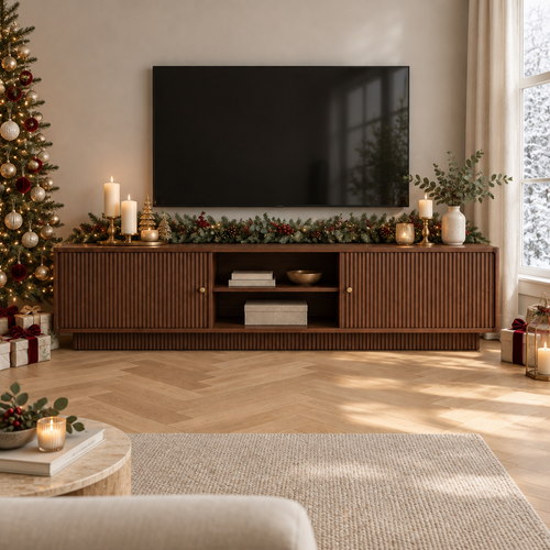 Arden Fluted Media Console styled for the holidays