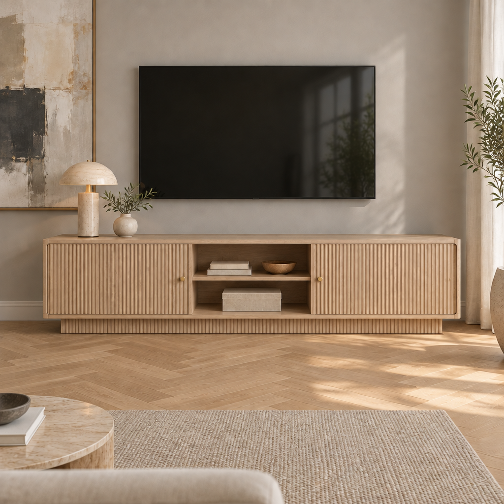Arden Fluted Media Console in Natural Oak finish