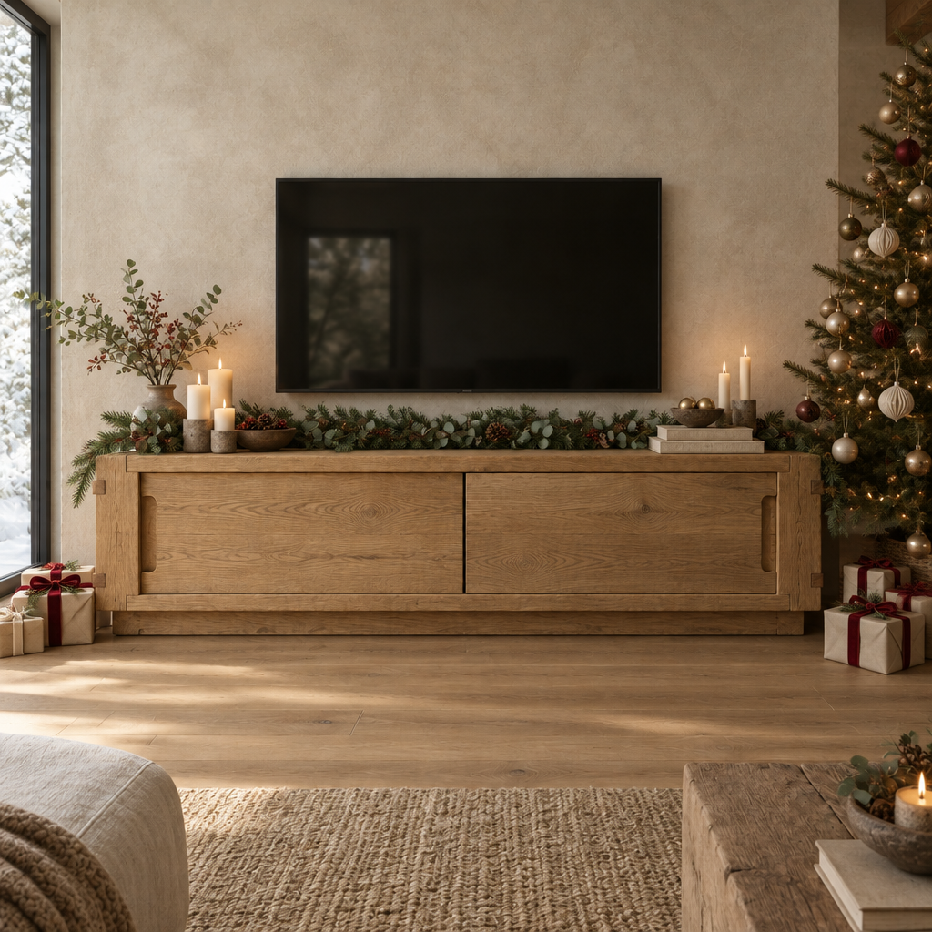 Basalt Solid Oak Media Cabinet styled for the holidays