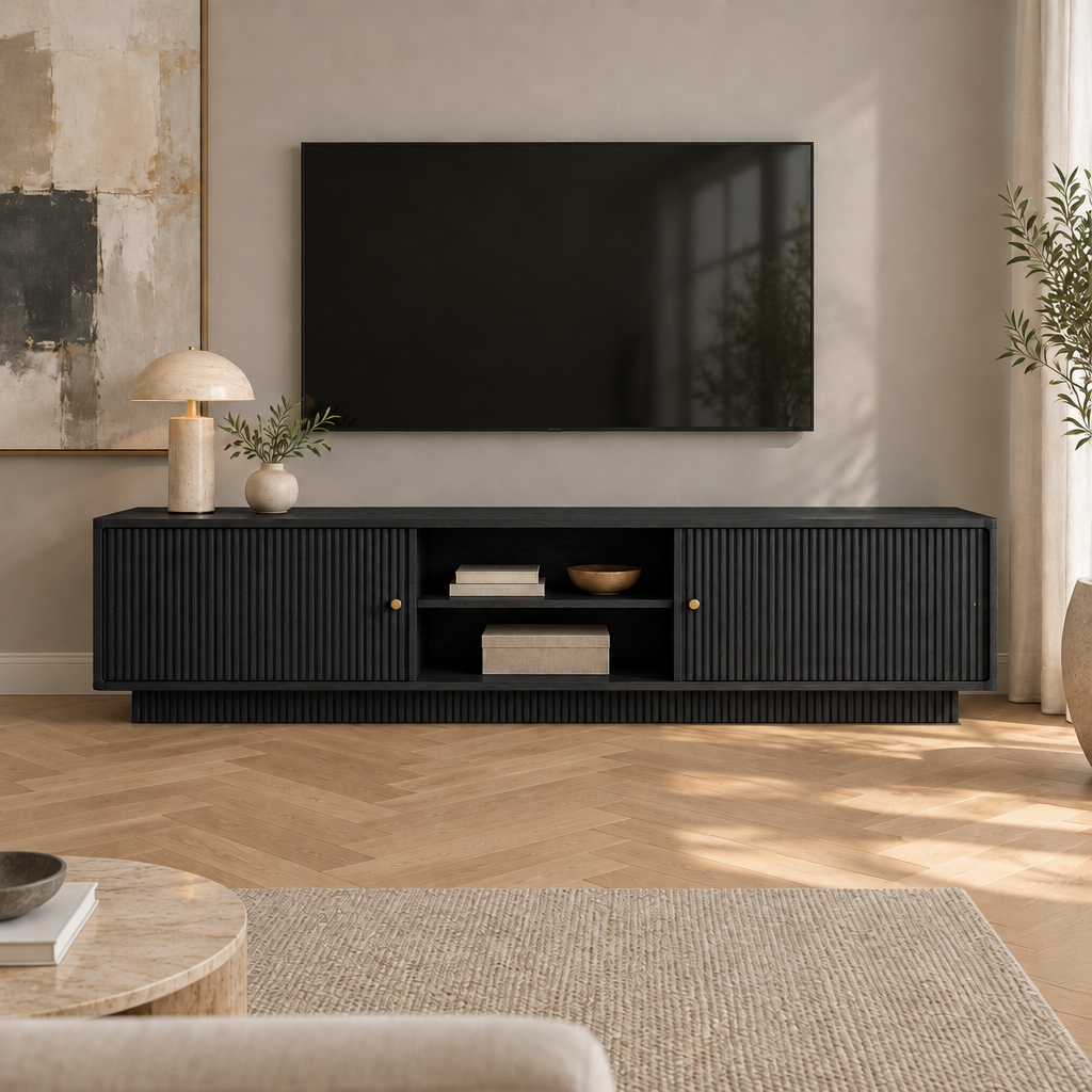 Arden Fluted Media Console in Ebonized Black finish