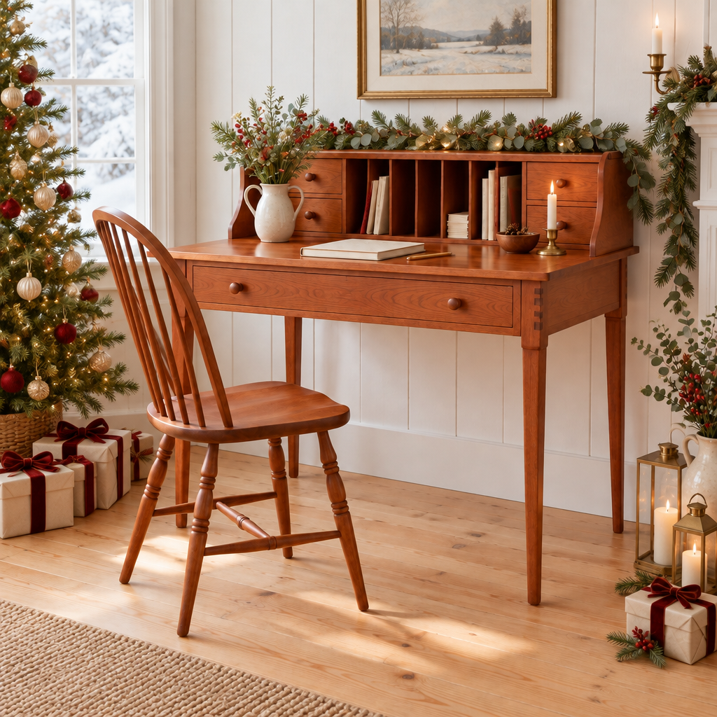Linden Shaker Writing Desk styled for the holidays