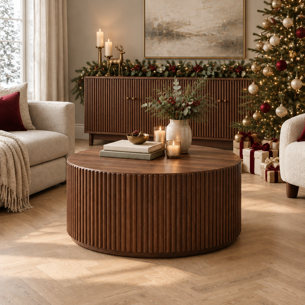 Arden Fluted Drum Coffee Table styled for the holidays
